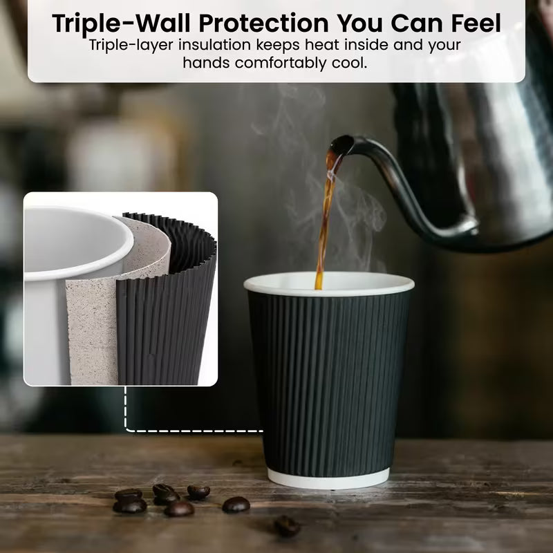 100pc Black Coffee Cups Paper Cup Ripple Triple Layer 240ml/8oz Insulated