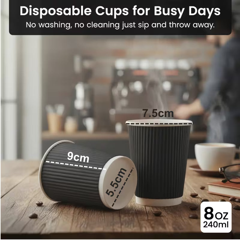 100pc Black Coffee Cups Paper Cup Ripple Triple Layer 240ml/8oz Insulated