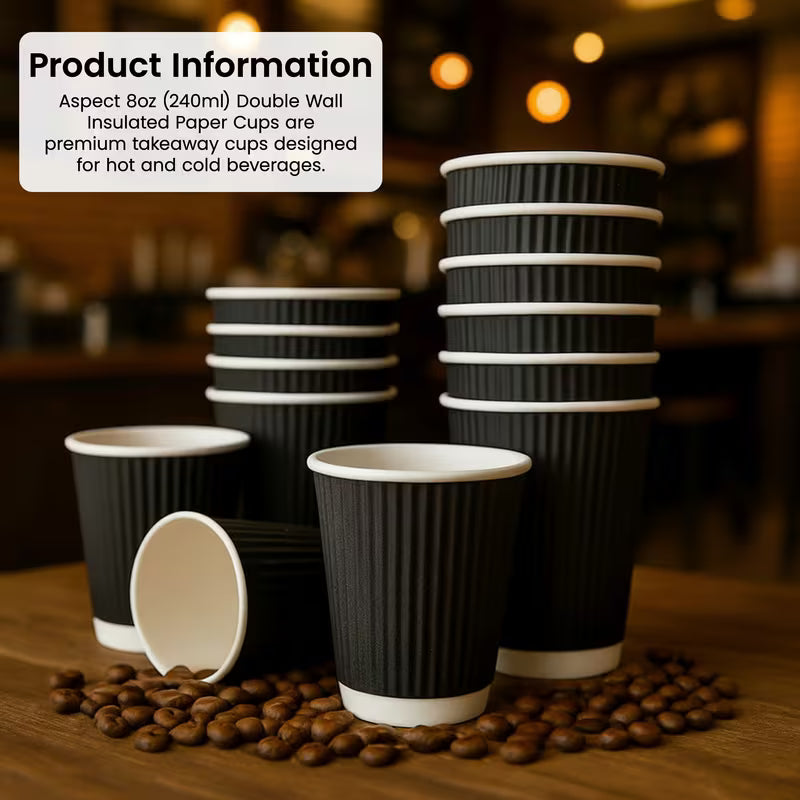 100pc Black Coffee Cups Paper Cup Ripple Triple Layer 240ml/8oz Insulated