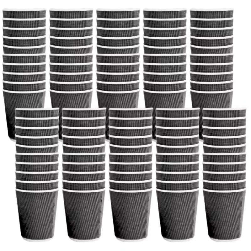 100pc Black Coffee Cups Paper Cup Ripple Triple Layer 240ml/8oz Insulated