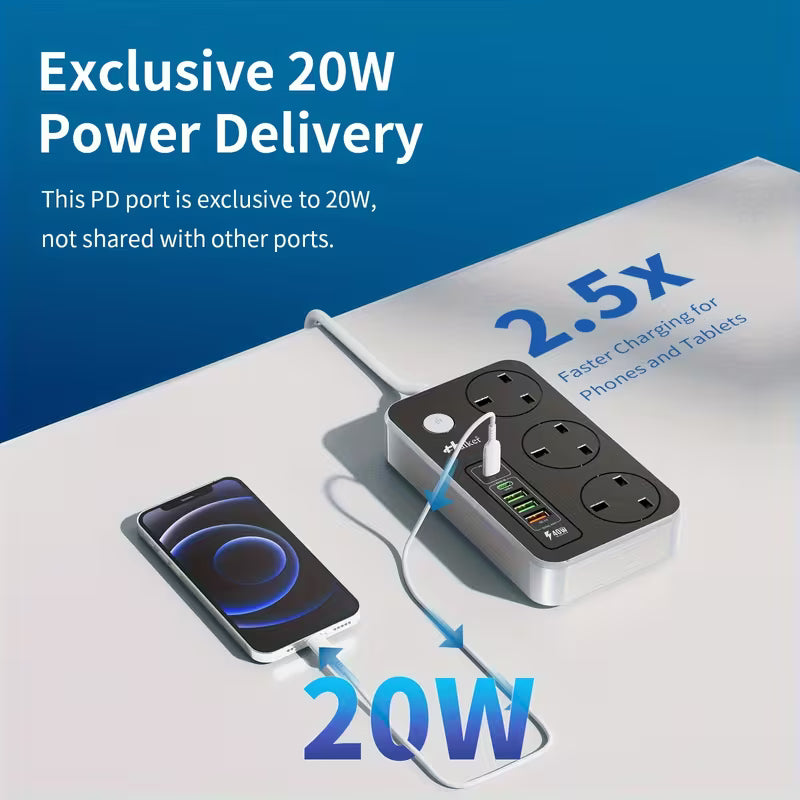 1pc Hulker 13A Power Strip Surge Protector with 3 UK Outlets, 5 USB Ports (1 PD 20W Type-C, 1 USB-C, 3 USB-A), 2m Extension Lead, On/Off Switch, 110V/220V Compatible, Rectangular Multi Plug Extension Socket with British Plug