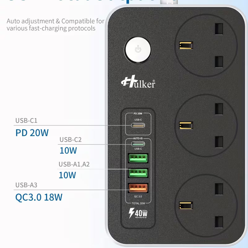 1pc Hulker 13A Power Strip Surge Protector with 3 UK Outlets, 5 USB Ports (1 PD 20W Type-C, 1 USB-C, 3 USB-A), 2m Extension Lead, On/Off Switch, 110V/220V Compatible, Rectangular Multi Plug Extension Socket with British Plug