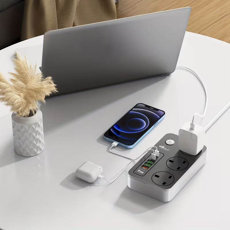 1pc Hulker 13A Power Strip Surge Protector with 3 UK Outlets, 5 USB Ports (1 PD 20W Type-C, 1 USB-C, 3 USB-A), 2m Extension Lead, On/Off Switch, 110V/220V Compatible, Rectangular Multi Plug Extension Socket with British Plug
