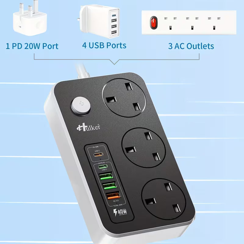1pc Hulker 13A Power Strip Surge Protector with 3 UK Outlets, 5 USB Ports (1 PD 20W Type-C, 1 USB-C, 3 USB-A), 2m Extension Lead, On/Off Switch, 110V/220V Compatible, Rectangular Multi Plug Extension Socket with British Plug