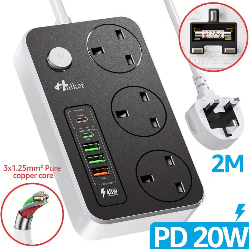 1pc Hulker 13A Power Strip Surge Protector with 3 UK Outlets, 5 USB Ports (1 PD 20W Type-C, 1 USB-C, 3 USB-A), 2m Extension Lead, On/Off Switch, 110V/220V Compatible, Rectangular Multi Plug Extension Socket with British Plug
