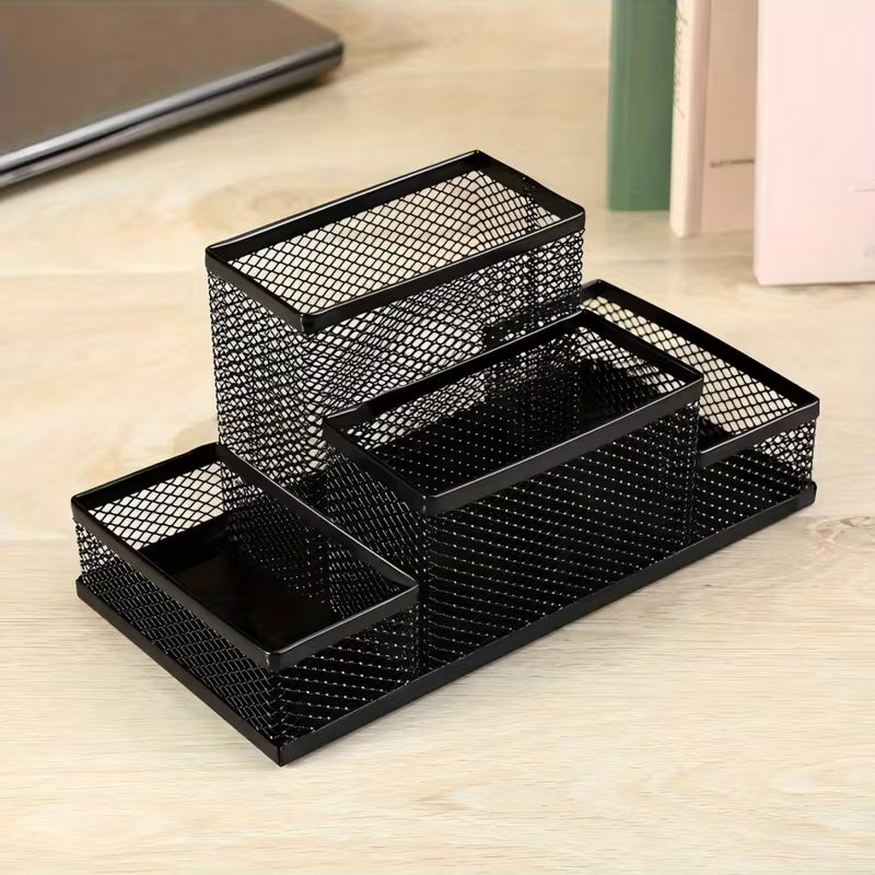 1 set of multifunctional desktop, storage grid with pen holder and desktop accessories, 4 compartments, office, school supplies, stationery storage, desktop storage, black