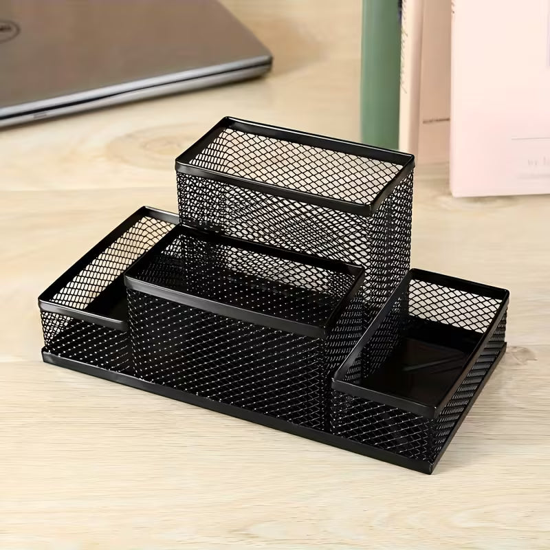 1 set of multifunctional desktop, storage grid with pen holder and desktop accessories, 4 compartments, office, school supplies, stationery storage, desktop storage, black