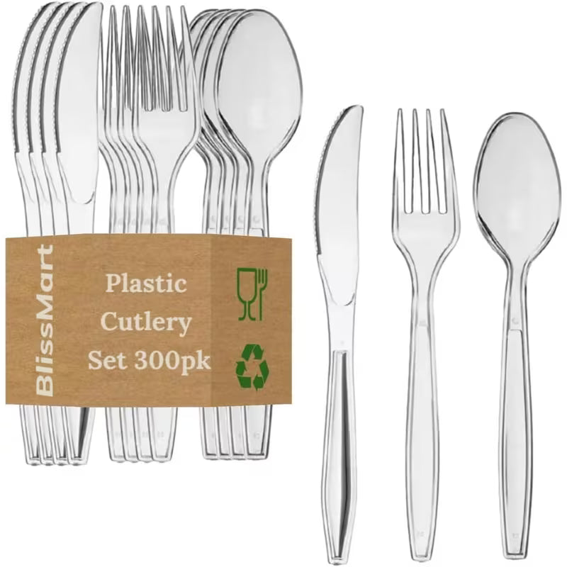 300pcs Heavy Duty Clear Plastic Cutlery Set Premium Quality Washable &amp; Reusable