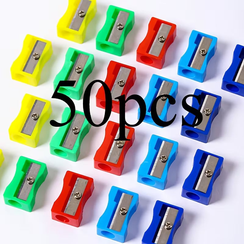 50pcs Colorful Manual Pencil Sharpeners - Single Hole, Rectangular Plastic Design in Assorted Colors, Ideal for School and Office Use