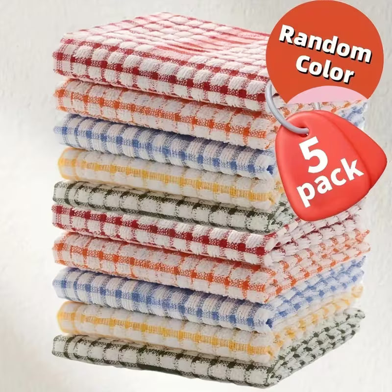 5 Colorful Checkered Dishwashing Towels - Absorbent Kitchen Cleaning Cloth, Suitable for Bedroom, Bathroom, and Outdoor Use, Made of Anti Shrink Material (red, Green, Orange, Yellow, Blue), Reusable, and Shrink Resistant Kitchen Towels
