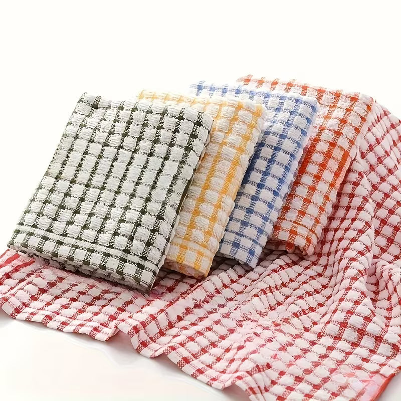 5 Colorful Checkered Dishwashing Towels - Absorbent Kitchen Cleaning Cloth, Suitable for Bedroom, Bathroom, and Outdoor Use, Made of Anti Shrink Material (red, Green, Orange, Yellow, Blue), Reusable, and Shrink Resistant Kitchen Towels