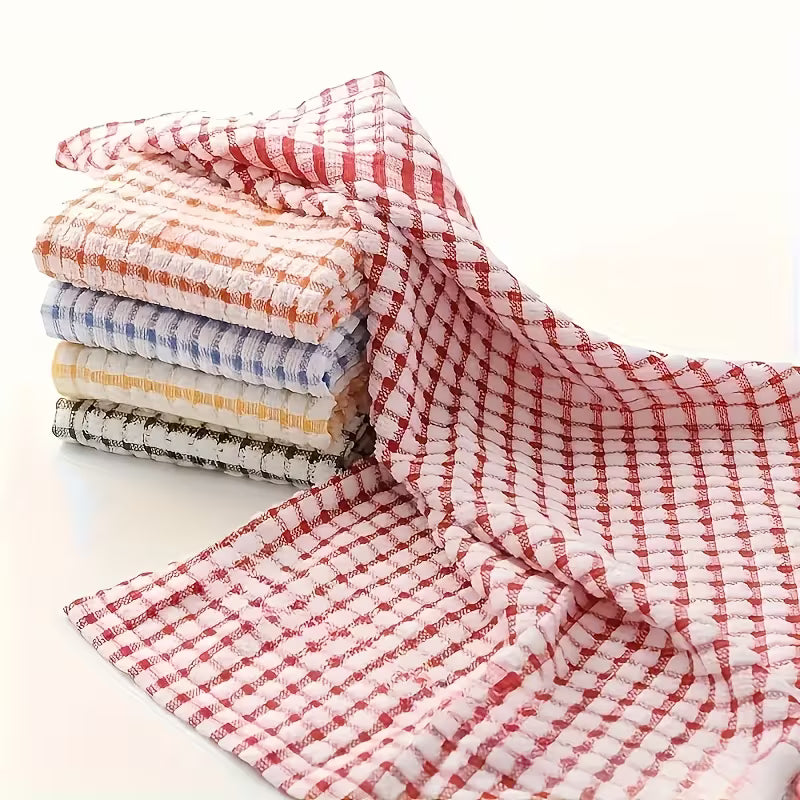 5 Colorful Checkered Dishwashing Towels - Absorbent Kitchen Cleaning Cloth, Suitable for Bedroom, Bathroom, and Outdoor Use, Made of Anti Shrink Material (red, Green, Orange, Yellow, Blue), Reusable, and Shrink Resistant Kitchen Towels