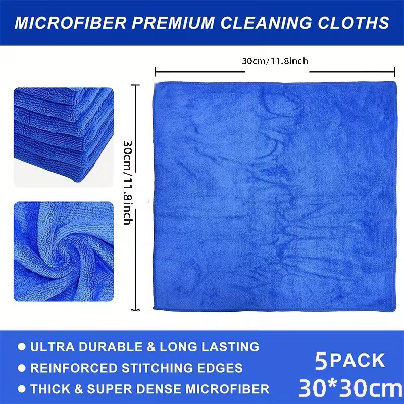 5pcs Ultra-Soft Microfiber Towels | Super Absorbent & Durable For Car Wash, Detailing, And Household Use (Blue)
