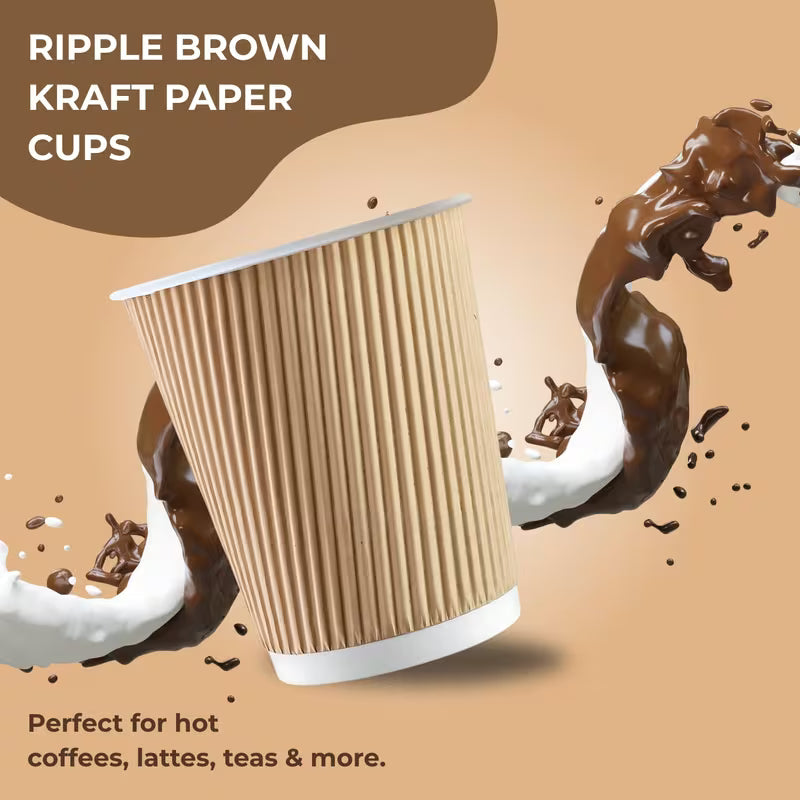 Coffee Cups Disposable Ripple Paper Cups for Tea, Hot Drinks, Triple Walled Insulated 8oz