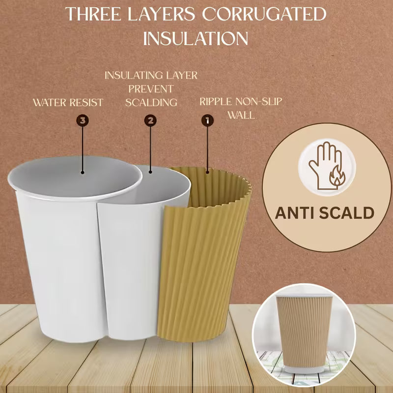 Coffee Cups Disposable Ripple Paper Cups for Tea, Hot Drinks, Triple Walled Insulated 8oz