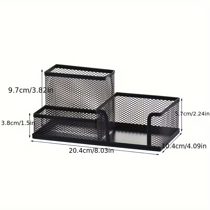 Desktop storage basket, three-compartment pen holder, multifunctional metal mesh, desk organizer for storing desktop stationery/small toys, black, three compartments.