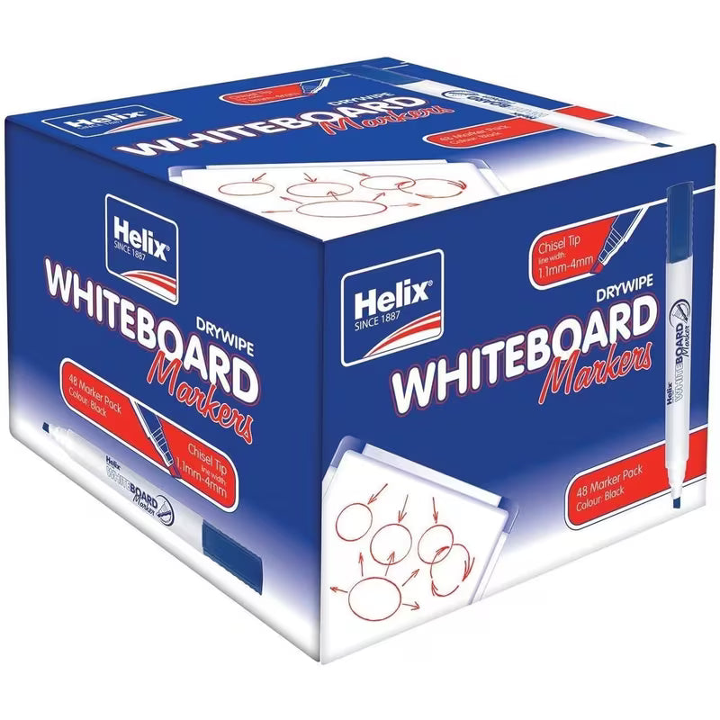 Helix Whiteboard Chisel Marker Pens | Black | Pack of 12