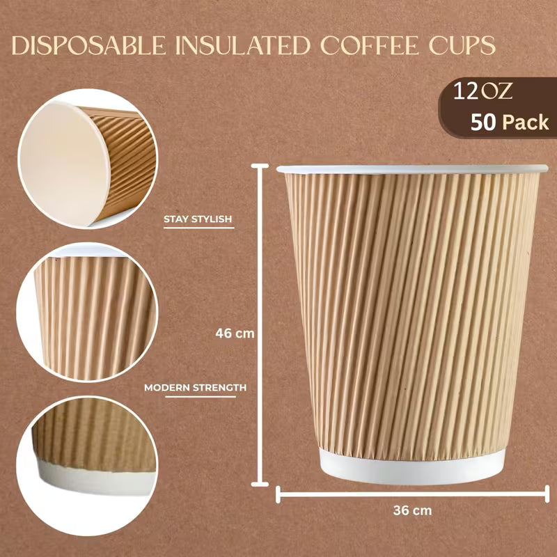 STL Coffee Cups Disposable Ripple Paper Cups for Tea, Hot Drinks, Triple Walled Insulated 12OZ