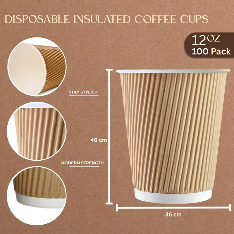 STL Coffee Cups Disposable Ripple Paper Cups for Tea, Hot Drinks, Triple Walled Insulated 12OZ